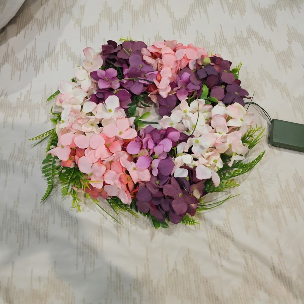 Phosooy 16in Pre-lit Hydrangea Wreath 40 LED Timer Pink Purple Floral Decor